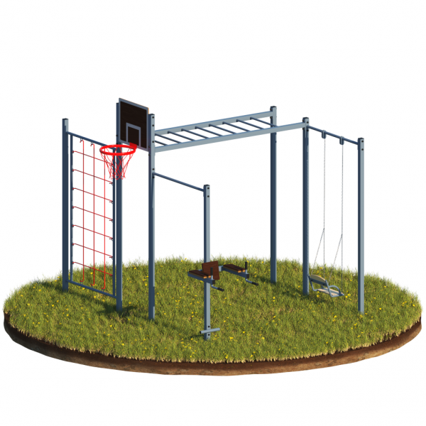 Уличный комплекс: перекладина, рукоход, брусья+пресс, качель, баскетбольный щит, сетка для лазанья