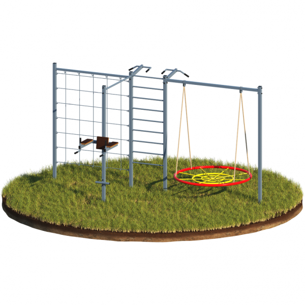 Уличный комплекс: 1 перекладина, лестница, турник 3 хвата, подвес для качелей, брусья+пресс, сетка для лазанья