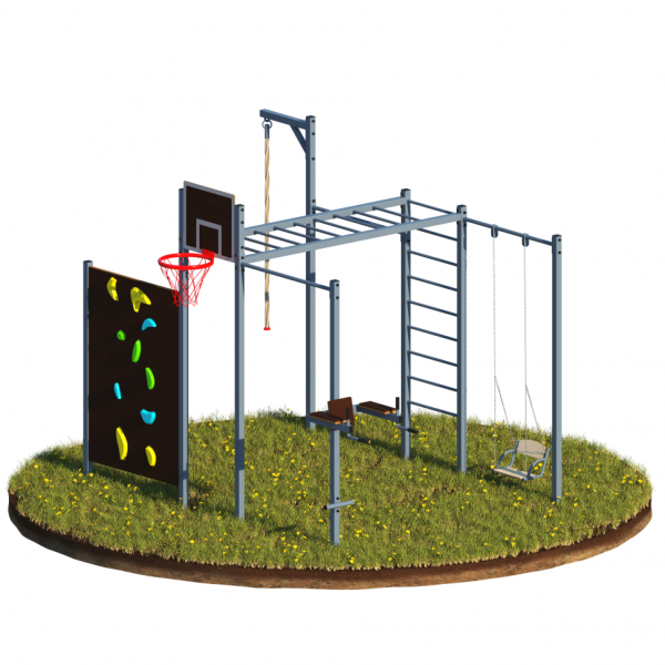 Уличный комплекс: перекладина, лестница, рукоход, брусья+пресс, подвес для качели, баскетбольный щит, скалодром, подвес для каната