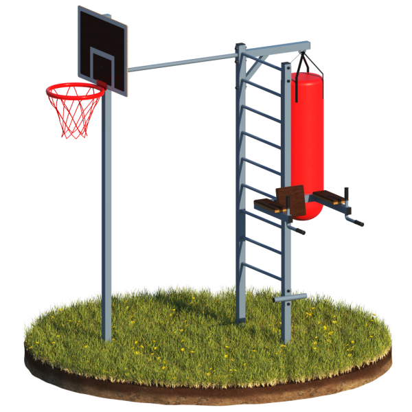 Уличный комплекс: 1 перекладина, лестница, брусья+пресс, подвес для боксерского мешка, баскетбольный щит