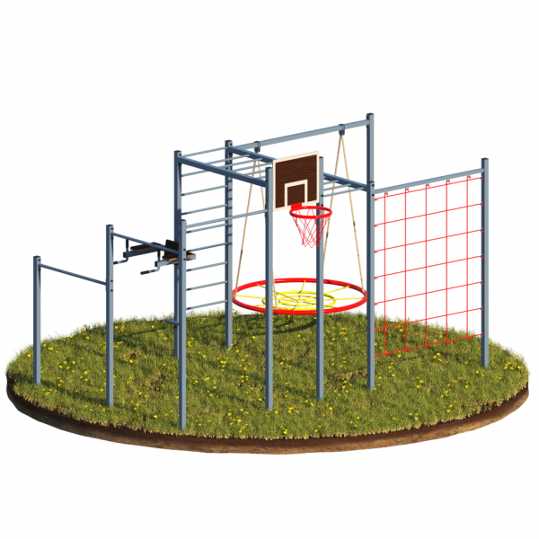 Уличный комплекс: 3 перекладины, брусья+пресс, лестница, рукоход, баскетбольный щит, сетка для лазанья, подвес для качелей